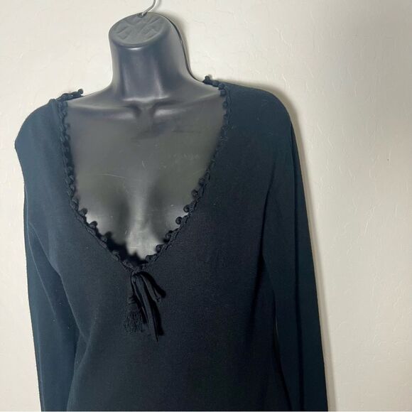 Yoana Baraschi Black V Neck Crochet Hem Cuff Tunic sweater L Indie Boho Hippie - Picture 4 of 14